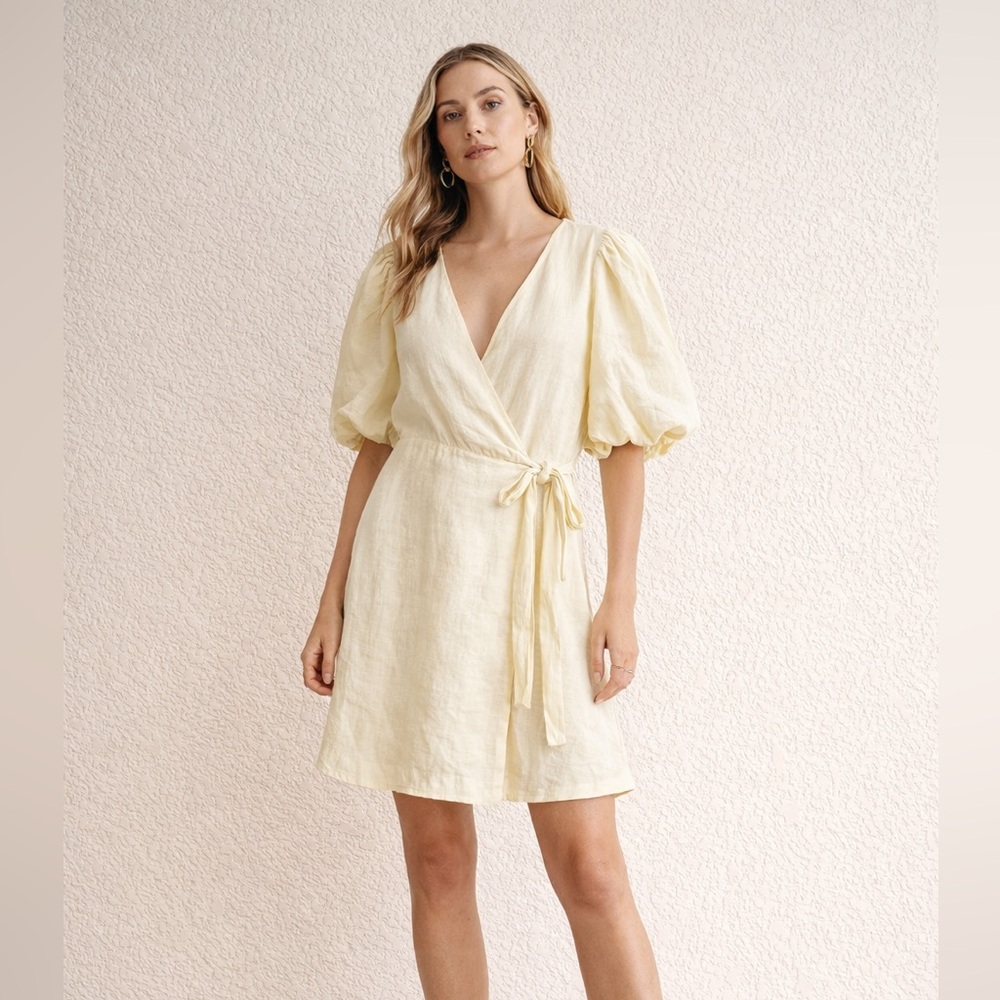 Every Yellow Wrap Dress Puff Sleeve Mini Lightweight Ramie Summer Dress
